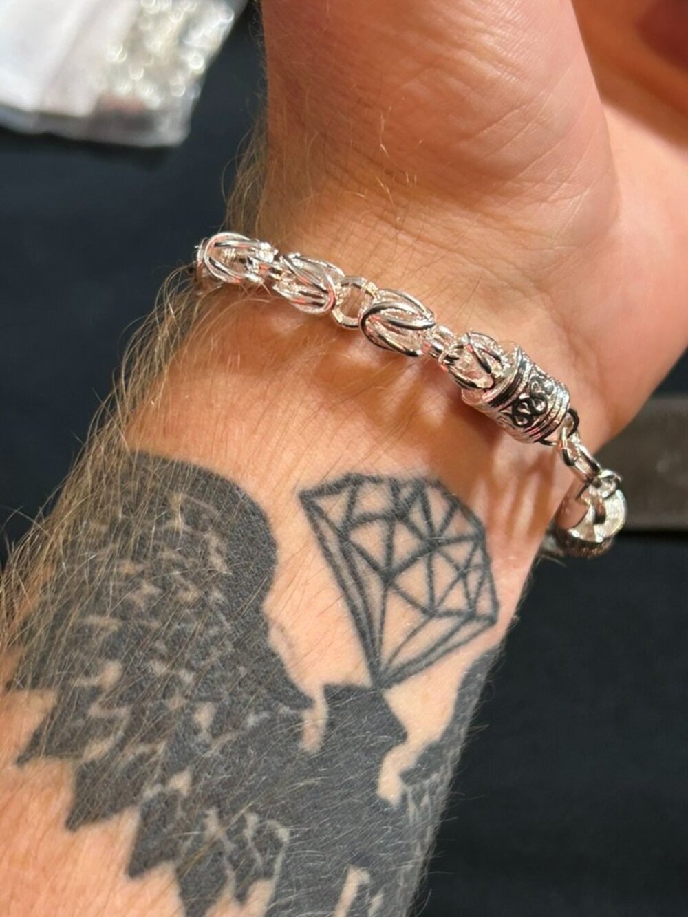 Men's Silver Byzantine Link Bracelet Thick Cage Weave Chain Ornate End Caps 8.5"